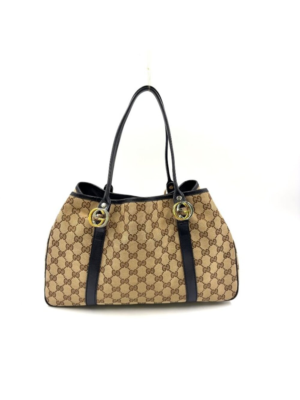 Gucci GG Twins Leather Canvas Brown Tote Bag Silver